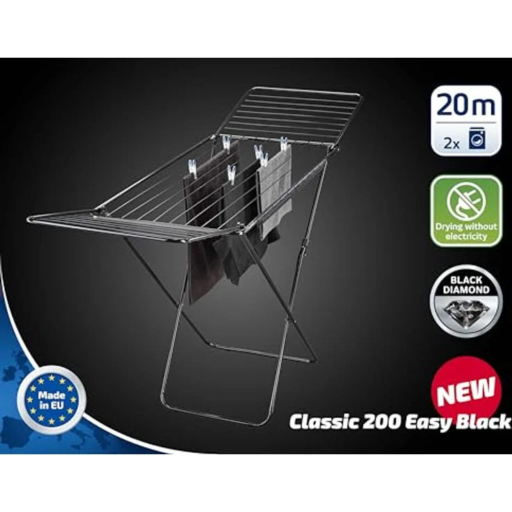 Leifheit Standtrockner Classic 200 Easy Black, Wäschetrockner mit 20m Trockenlänge, höhenverstellbaren Flügeln, für drinnen und draußen geeignet, für ca. 2 Waschmaschinenfüllungen – Bild 2