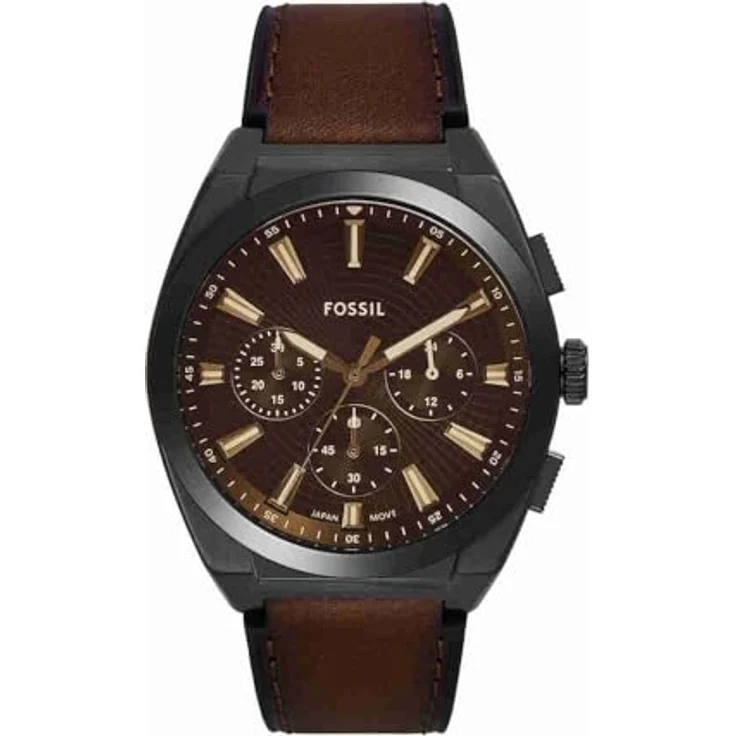 Fossil Chronograph EVERETT FS6108, Quarzuhr mit analoger Anzeige, braunem Zifferblatt und Lederarmband, schwarz, 44 mm Gehäusedurchmesser, 5 bar wasserdicht – Bild 1