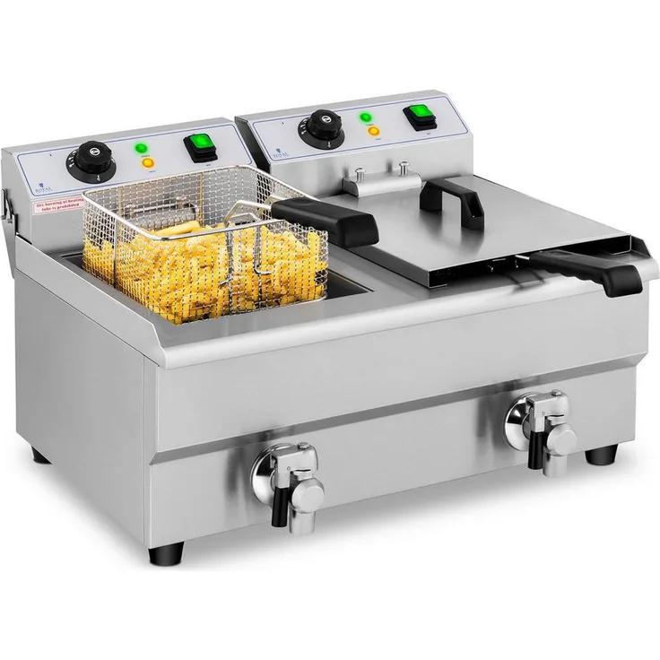 Royal Catering Fritteuse 2 x 10 L Doppel Ablasshahn Edelstahl Elektro Kaltzone, 6000 W - Professionelle Elektro-Fritteuse für große Mengen Pommes Frites, Edelstahl, 2 x 5 Liter Öl-Kapazität, 230 V