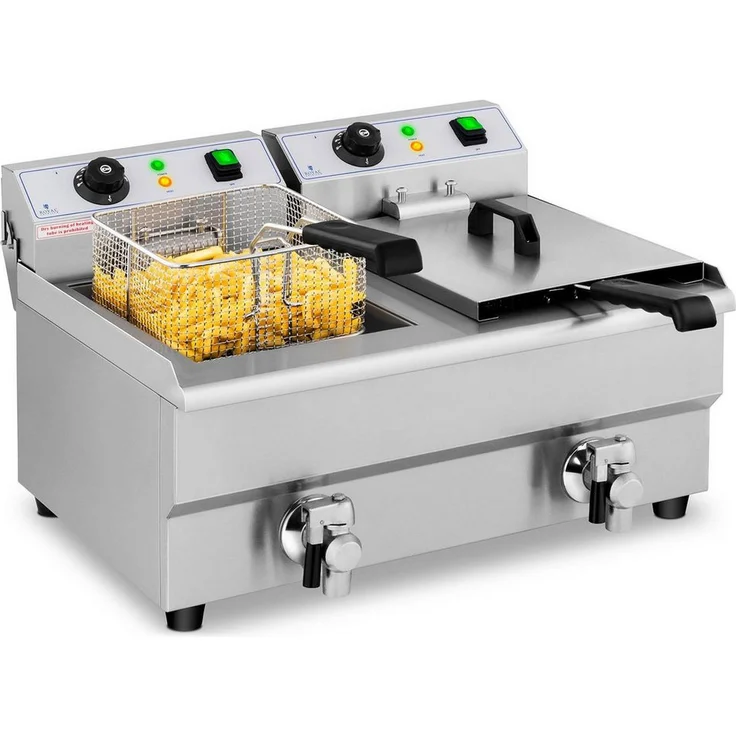 Royal Catering Fritteuse 2 x 10 L Doppel Ablasshahn Edelstahl Elektro Kaltzone, 6000 W - Professionelle Elektro-Fritteuse für große Mengen Pommes Frites, Edelstahl, 2 x 5 Liter Öl-Kapazität, 230 V – Bild 1