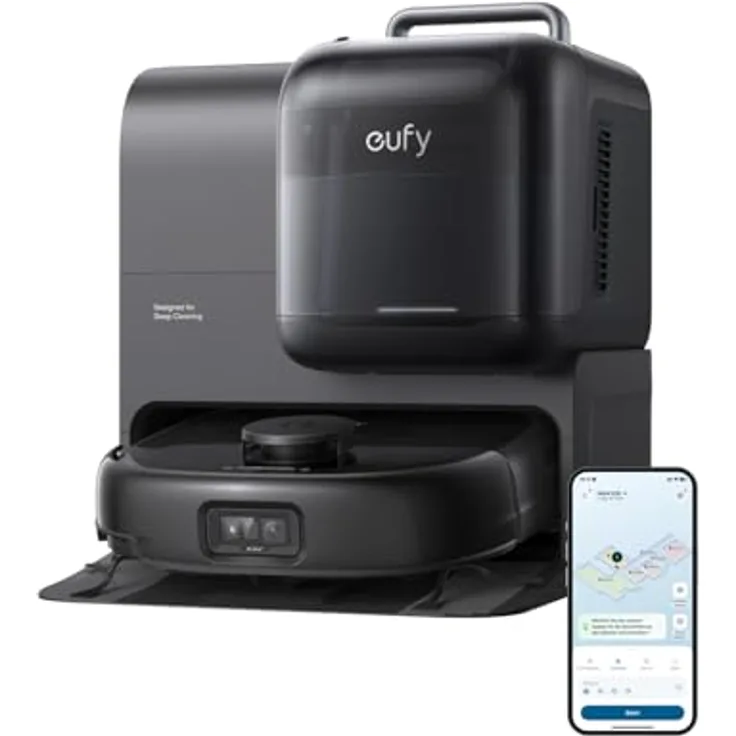 eufy Omni E28 HydroJet Saugroboter mit Wischfunktion, 20.000Pa Turbo-Saugkraft, tragbarer Tiefenreiniger, DuroSpiral Entwirrbürsten, CornerRover Arm, All-in-One-Station für Tiere & Kinder