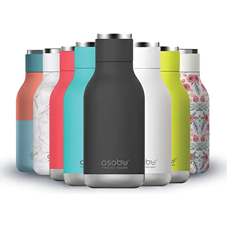 ASOBU Isolierte und doppelwandige Edelstahl-Flasche, 473 ml, Schwarz, Urban Water Bottle, Divers
