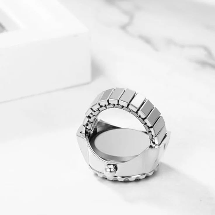 JewelryWe Ringuhr, Damen Fingeruhr mit Silber Legierung, Elastisches Band und Glitzer Strass, Rund Analog Quarz, 10m wasserdicht – Bild 3