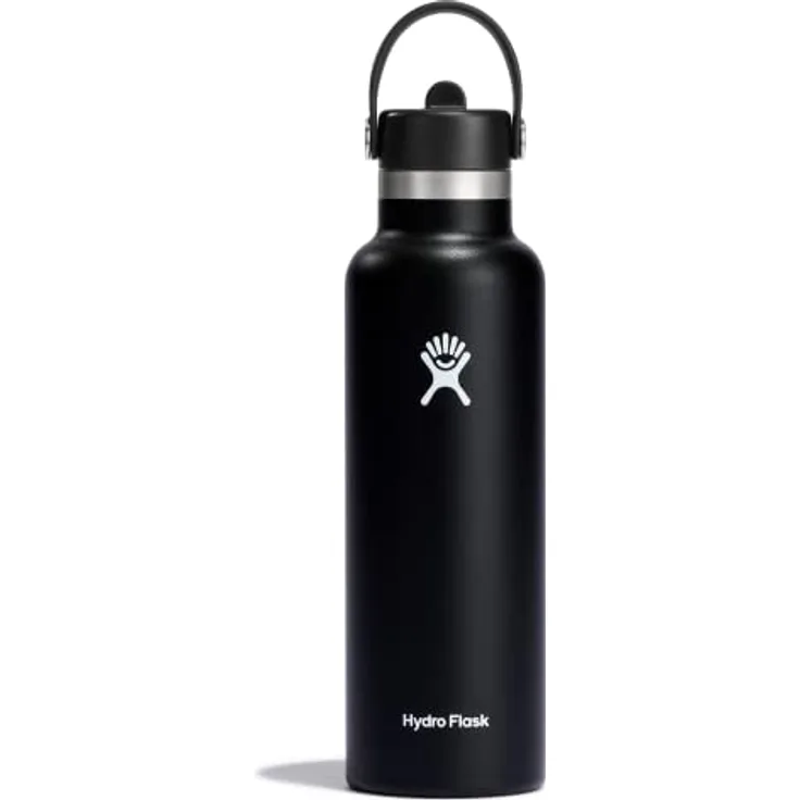 HYDRO FLASK - Trinkflasche 621ml (21oz) mit Flex Straw Deckel - Vakuumisolierte, Wiederverwendbare Flasche aus Edelstahl - Auslaufsicherer Deckel - Heiß & Kalt - Standard Mouth, BPA-frei - Black