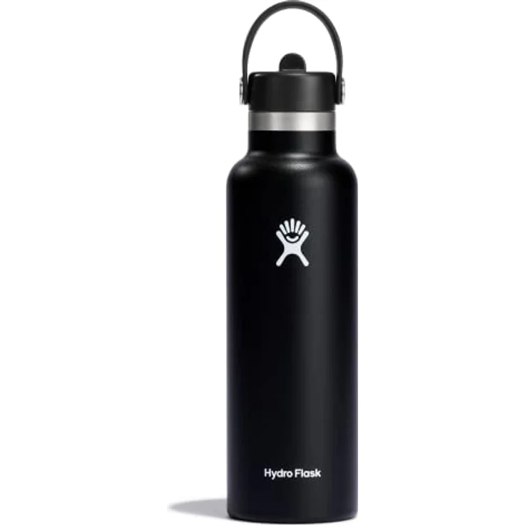 HYDRO FLASK - Trinkflasche 621ml (21oz) mit Flex Straw Deckel - Vakuumisolierte, Wiederverwendbare Flasche aus Edelstahl - Auslaufsicherer Deckel - Heiß & Kalt - Standard Mouth, BPA-frei - Black – Bild 1