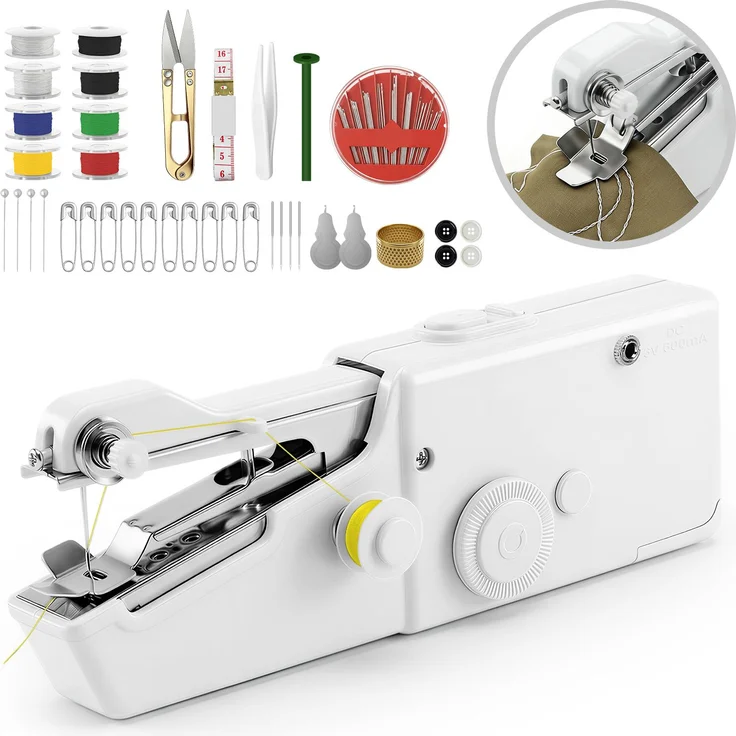 Bundviel Mini Elektrische Handnähmaschine, Tragbar für Anfänger, inkl. Nähzubehör, bequem einhändig bedienbar, für Stoff bis 1,8 mm