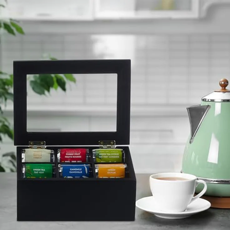 relaxdays Teebox schwarze Teebox aus Bambus, 6 Fächer für Teebeutel, staubgeschützt mit transparentem Fenster – Bild 2
