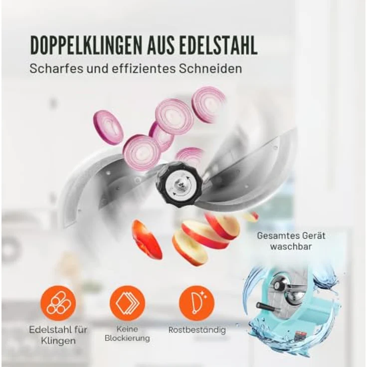 VEVOR Manueller Gemüse- und Obstschneider, 0–12 mm Dicke, mit Edelstahlklingen und doppelten Zufuhröffnungen für präzise Schnitte von Gurken, Zitronen und Tomaten – Bild 3