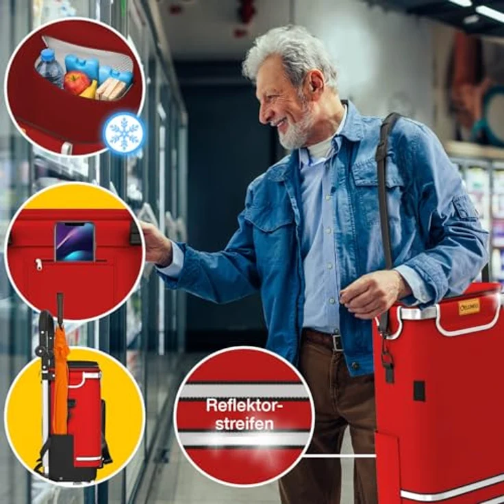 ELONEO Einkaufstrolley Treppensteiger mit Kühlfach, 56 L, klappbar, höhenverstellbar, Rot, mit Reflektoren und abnehmbarer Tasche – Bild 5
