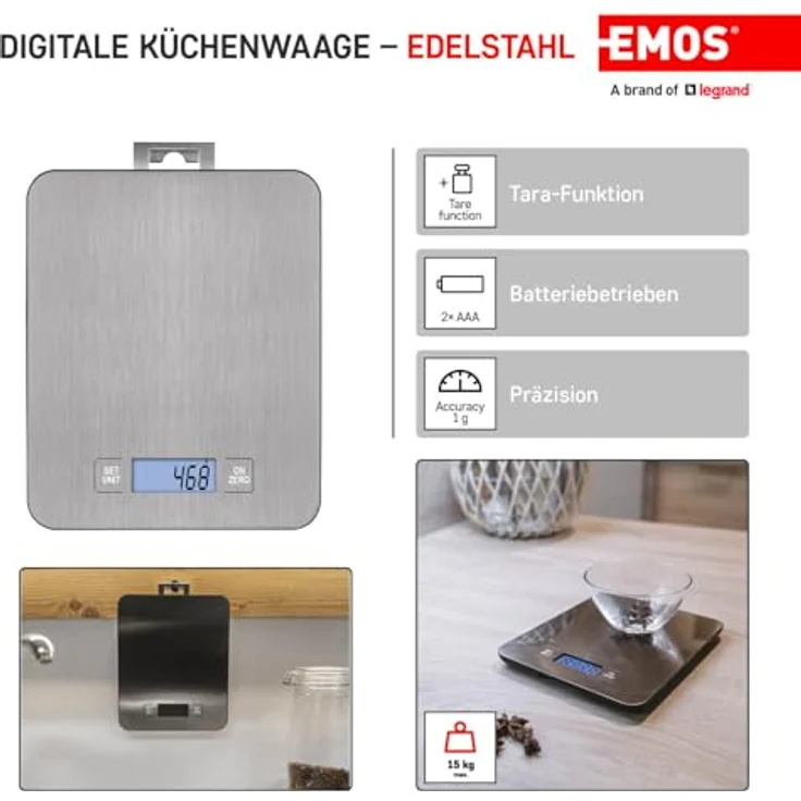 EMOS Küchenwaage aus Edelstahl mit Wandaufhängung-Digitalwaage mit beleuchtetem LCD Display-Tara-Funktion-Nahrungsmittelskala-Elektronische Waage-Präzision bis zu 1g - Tragkraft 15 kg – Bild 3