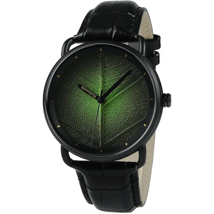 Holzwerk Quarzuhr FICHTENAU Leder & Edelstahl Armbanduhr, Baumblatt, schwarz, oliv grün