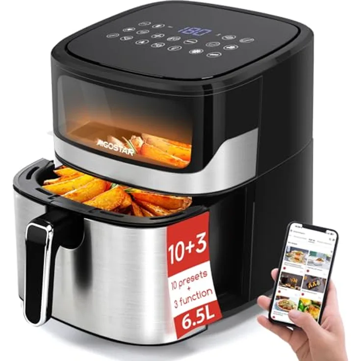 Aigostar XXL Heißluftfritteuse 6,5L mit Sichtfenster, 1600W, Touchscreen, 12 Programme, intelligentes Vorheizen, antihaftbeschichtet, Schwarz