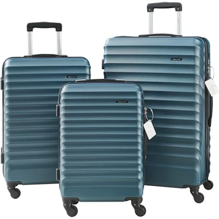 pro.tec Pona Koffer Set 3-teilig, ABS Hartschalenkoffer mit 4 Rollen, TSA Zahlenschloss, inkl. Kofferwaage und Gepäckanhänger, blau