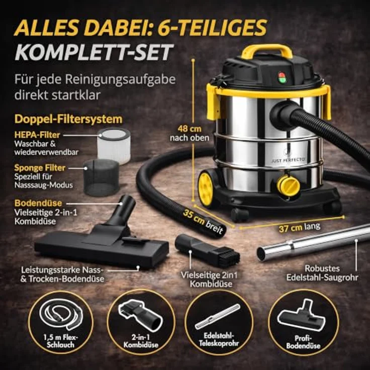 Just Perfecto Nass-Trocken-Sauger CH13312, 1200W, 25L Edelstahl, HEPA-Filter, beutellos mit Blasfunktion – Bild 5
