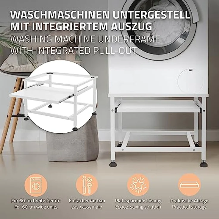 ML DESIGN modern living Waschmaschinen-Untergestell mit ausziehbarer Ablage, Weiß, 62,5x53,5x45 cm, aus Stahl, bis 150kg, höhenverstellbaren Füße – Bild 2