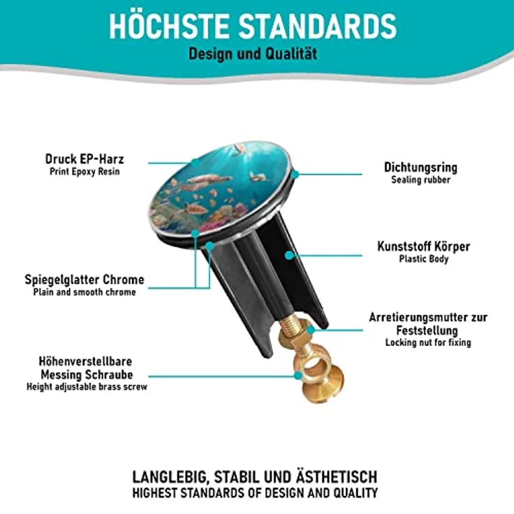 Arteneur Waschbeckenstöpsel 40mm Meeres Schildkröten – Edelstahl Excenterstopfen mit extra Schwerer Messingschraube für stabilen Halt | Universeller Abflussstopfen für Waschbecken – Bild 2