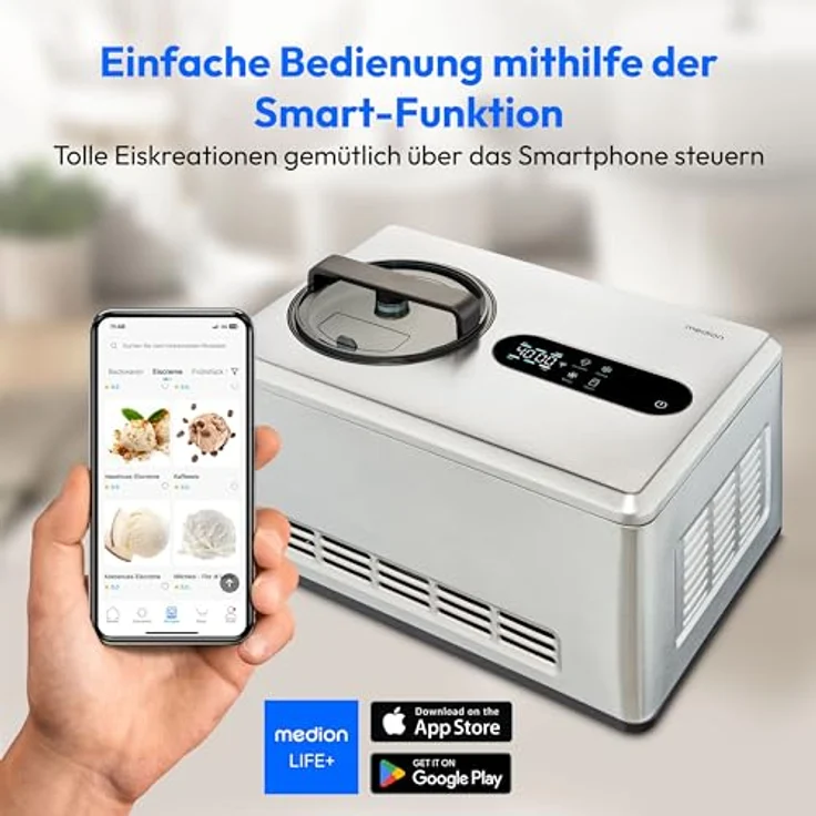 MEDION Smarte Eismaschine mit Kompressor MD12170, selbstkühlend, App Steuerung inkl. Eis-Rezepte, LED Display, 2 Liter, Joghurt Eiscreme, edelstahl – Bild 2