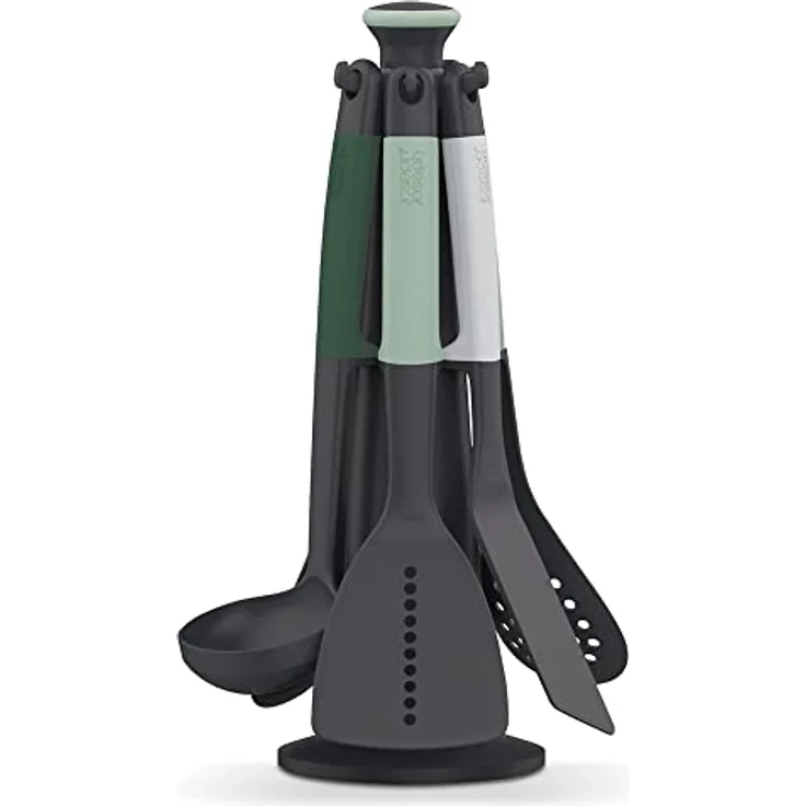 Joseph Joseph Elevate Küchenhelfer-Set, 6-teilig mit drehbarem Ständer, ergonomische Silikongriffe, antihaftbeschichtete Köpfe – Salbeigrün – Bild 1