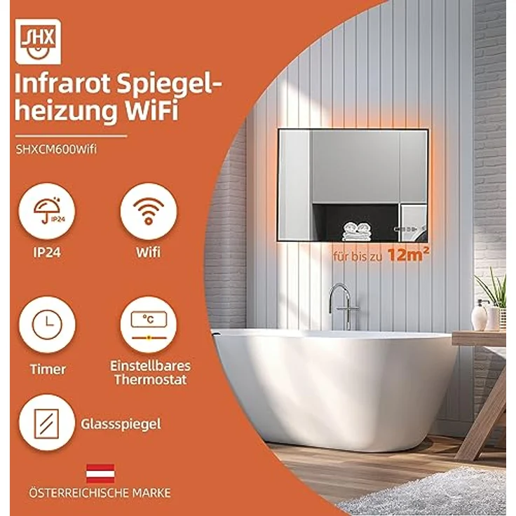 SHX Infrarot-Spiegelheizung mit WiFi 600W SHXCM600Wifi – Heizpaneel mit Spiegel aus Sicherheitsglas, 600 Watt, Touch-Bedienfeld, WiFi, weiß – Bild 2