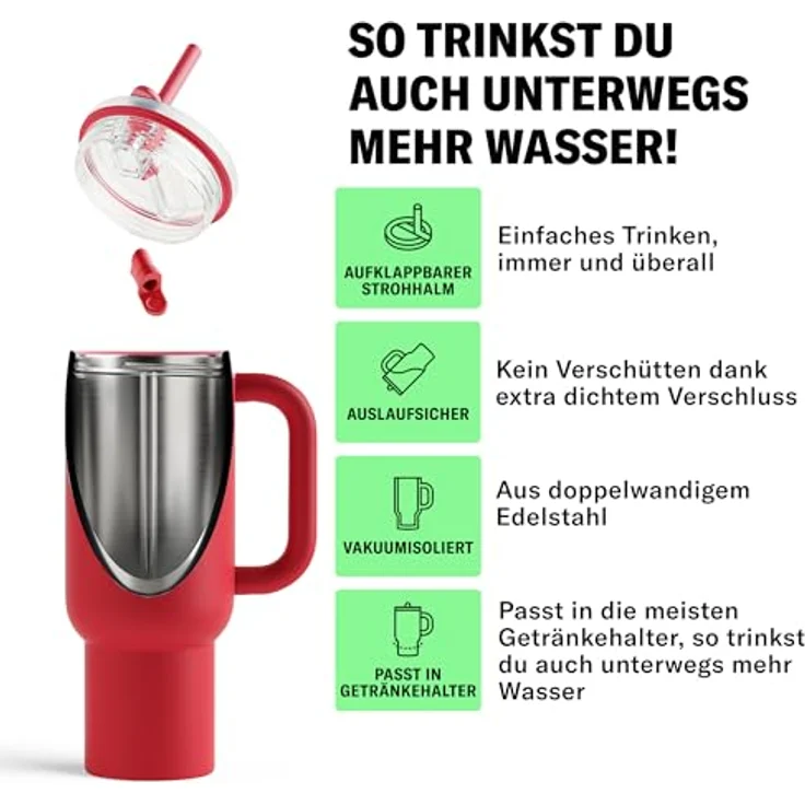 waterdrop® Thermobecher mit Strohhalm 1,1L – Auslaufsichere Edelstahl Trinkflasche mit aufklappbarem Trinkhalm, hält 12h kalt, ideal für Auto und Reisen – Bild 5