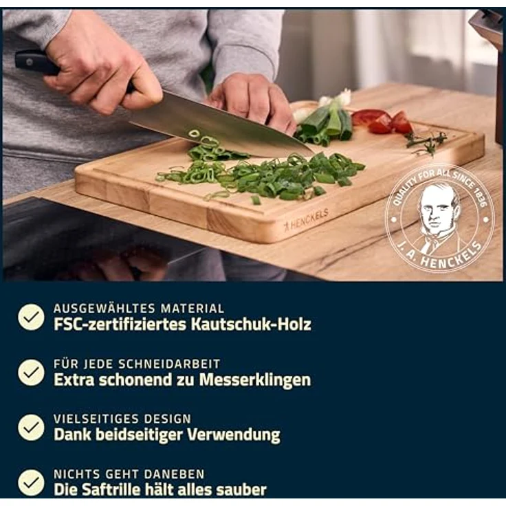 HENCKELS by ZWILLING Cutting Board, Holz Schneidbrett 40 x 27,5 x 2,5 cm, beidseitig nutzbar mit Saftrille, FSC-zertifiziert – Bild 2