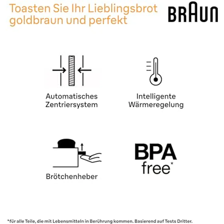 Braun HT1510BK-Schlitz-Toaster, 900 Watt, inkl. Brötchenaufsatz, automatisches Brötchenzentriersystem, schwarz, silber – Bild 6