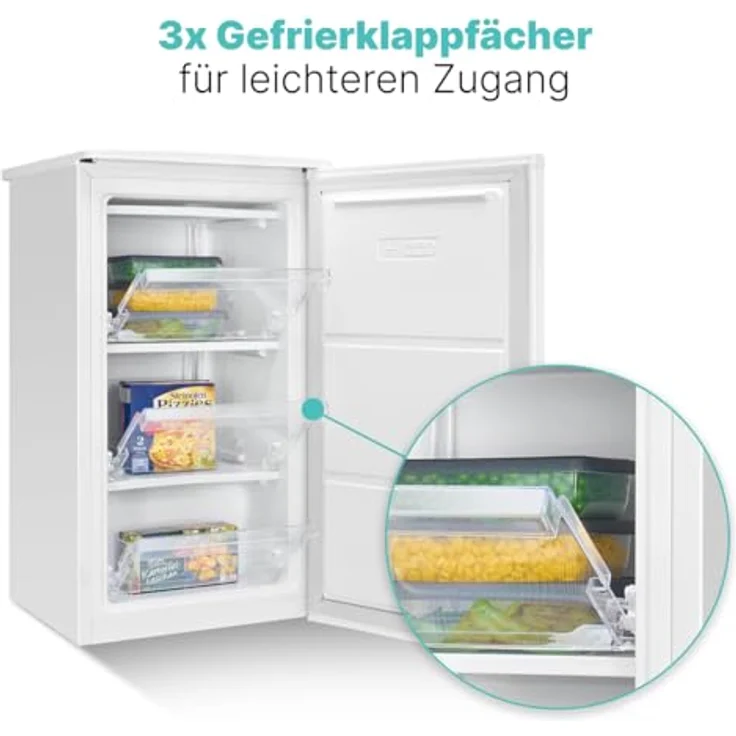 Bomann GS 7256, kleiner Gefrierschrank mit 60L, 4 Sterne-Gefrierfach, 3 Fächer, leise, wechselbarer Türanschlag, weiß – Bild 2