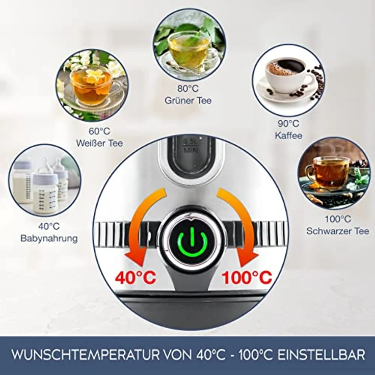 LEBENLANG Wasserkocher Edelstahl Temperatureinstellung – Leise, Temperaturanzeige & Warmhaltefunktion - 1,7 Liter & 2200W | Electric Kettle | Temperatur Edelstahl Wasserkocher Retro ohne Plastik – Bild 2