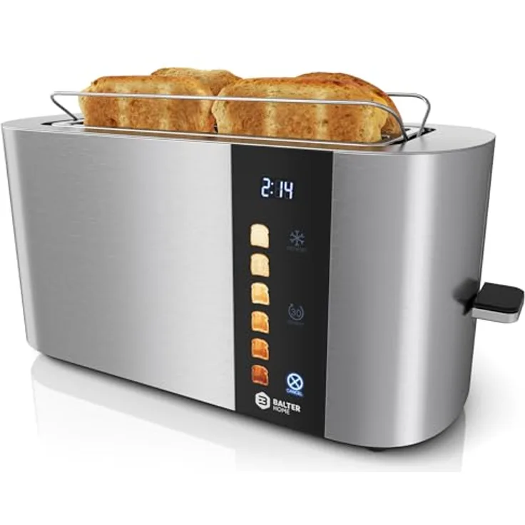 Balter TS-34, Langschlitz-Toaster für 4 Scheiben aus Edelstahl, Touch Bedienung, Brötchenaufsatz, LCD Display, Auftaufunktion, Brotzentrierung