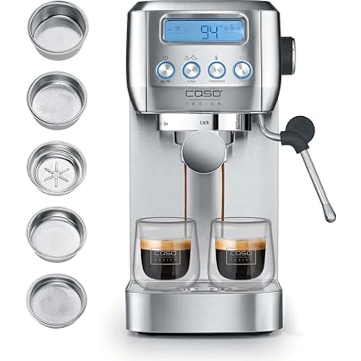 CASO EspressoGourmet Crema, Edelstahl Siebträgermaschine mit 20 bar ULKA-Pumpe, Milchaufschäumer, LCD-Display und abnehmbaren Wassertank – Bild 1