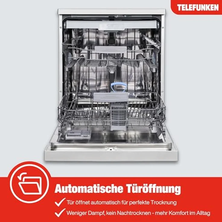 Telefunken GFS6014AI Geschirrspüler, freistehend, 60 cm, 14 Maßgedecke, 9 Programme, Edelstahl-Spülbehälter, unterbaufähig, leise 44 dB, Energieeffizienzklasse A – Bild 8