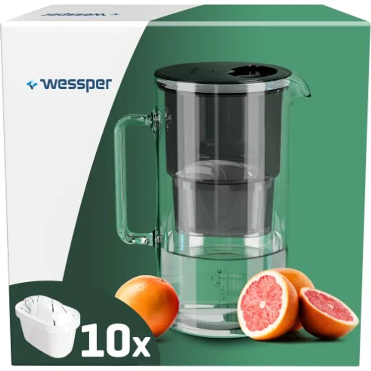 Wessper 3in1 Glaskaraffe-Glaskanne-Glas Wasserfilter Karaffe 2,5L mit Filtersystem, Plus 10x Kalkfilter Wasserfilterkartuschen, Schwarz AQUAMAX Crystalline