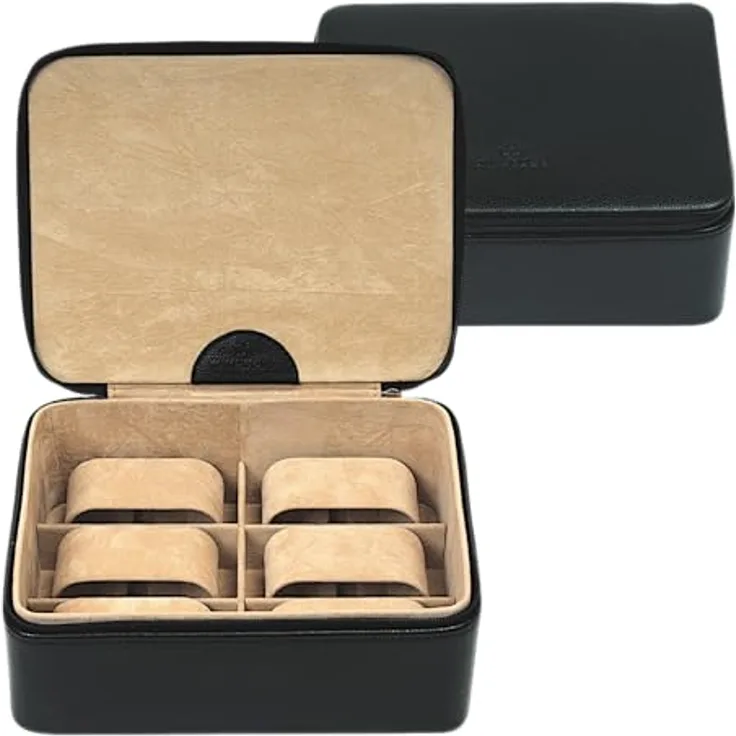 WINDROSE Uhrenbox Beluga 803861.08, Uhrenetui für max. Ø 34mm Uhren, schwarz-beige, Leder, 6 Kissen, Reißverschluss