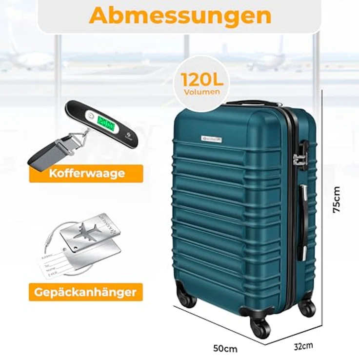 KESSER® Reisekoffer 120L, Hartschalenkoffer mit Kofferwaage, Zahlenschloss und 4 Rollen, Petrolgrün, 75x50x32cm – Bild 2