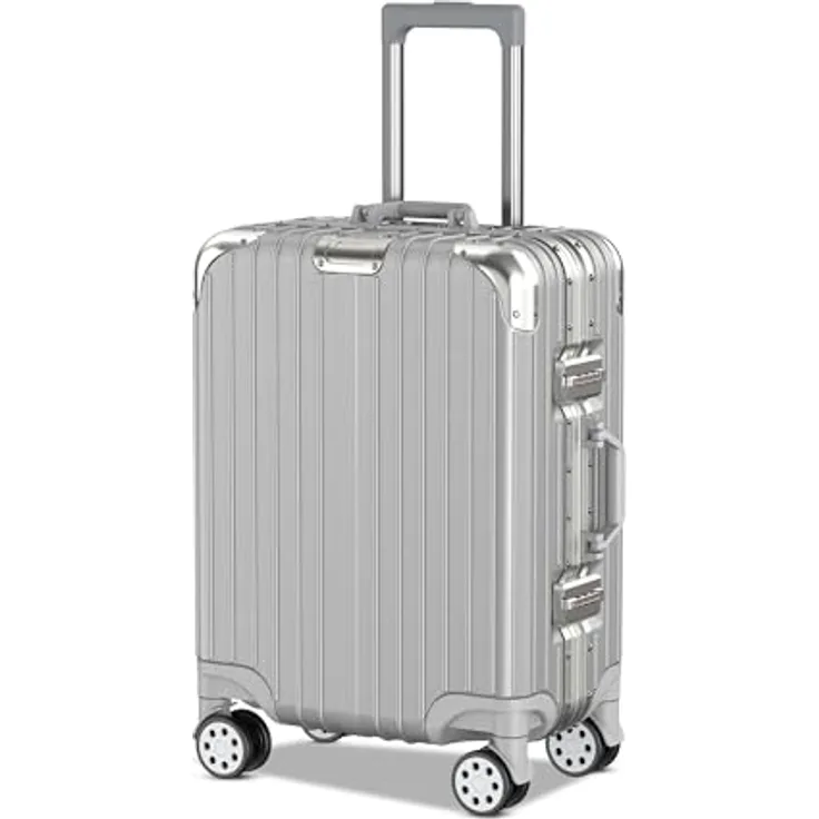 Voyagoux Koffer handgepäck 42L, Hartschalenkoffer klein mit TSA-Schloss, Aluminium, 4X Airwheel-System Rollen, Silber