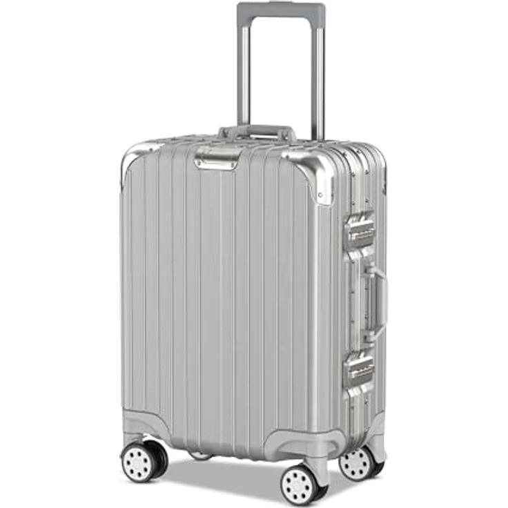 Voyagoux Koffer handgepäck 42L, Hartschalenkoffer klein mit TSA-Schloss, Aluminium, 4X Airwheel-System Rollen, Silber – Bild 1
