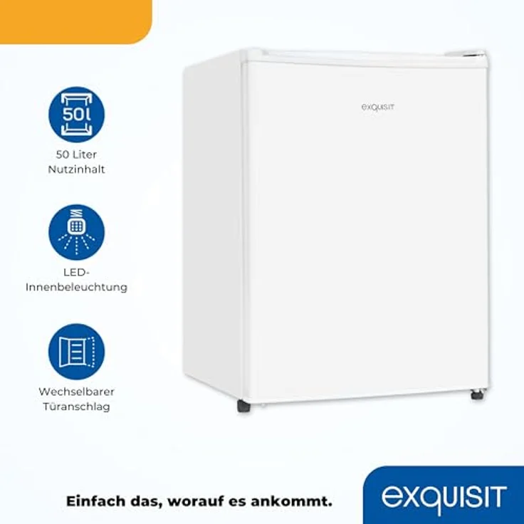 Exquisit Mini Kühlschrank KB560-V-091E, 50 l Nutzinhalt, Energieeffizienzklasse E, 41 dB, LED-Beleuchtung, manuelle Temperaturregelung, wechselbarer Türanschlag, weiss – Bild 3