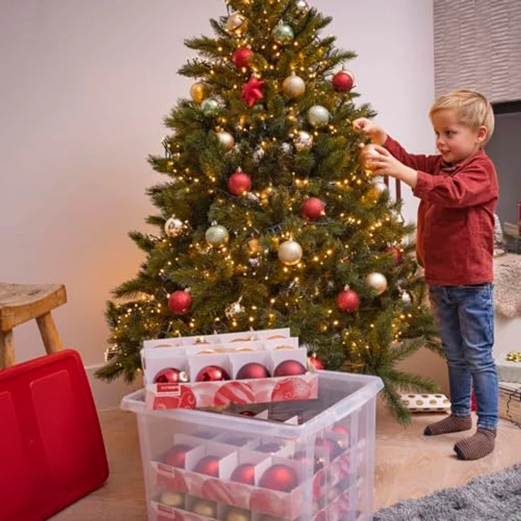 SUNWARE Nesta Weihnachtsbox 45 Ltr, Aufbewahrungsbox mit Tabletts für 64 Weihnachtskugeln (Ø70-80mm), transparent/rot – Bild 2