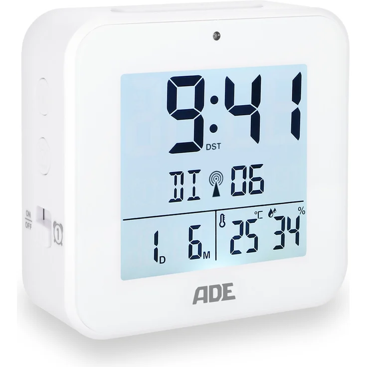ADE Funkwecker Wecker digital funk mit Temperatur und Luftfeuchtigkeit automatischer Lichtsensor, 2 Weckzeiten, Schlummerfunktion – Bild 1