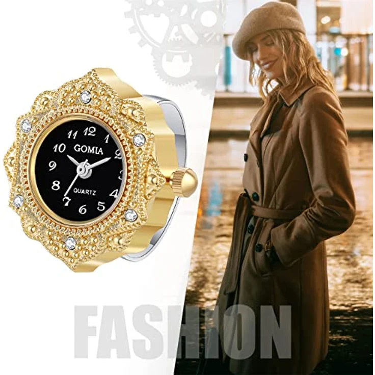JewelryWe Ringuhr Fingeruhr Damen Analog Quarz Retro, Edelstahl verstellbar mit schwarzem Zifferblatt und goldenem Gehäuse, 3ATM wasserdicht – Bild 3