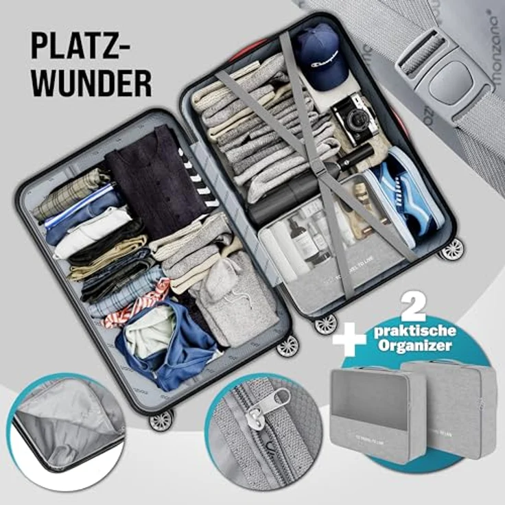 MONZANA® 3tlg. Kofferset Hartschalen Koffer M-L-XL Silber mit Organizer, Kofferwaage, Zwillingsrollen, Gel-Griffe und Standfüße – Bild 3