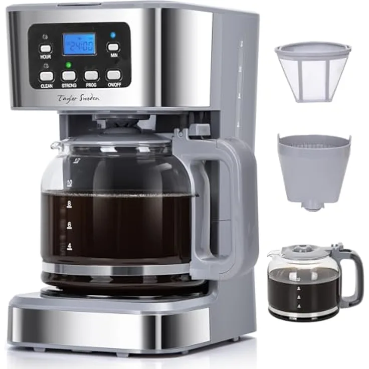 Taylor Swoden 950W Filterkaffeemaschine mit Timer, 1.5L für 12 Tassen, BPA-frei, Grau - Pewter, mit Abschaltautomatik und Tropf-Stopp