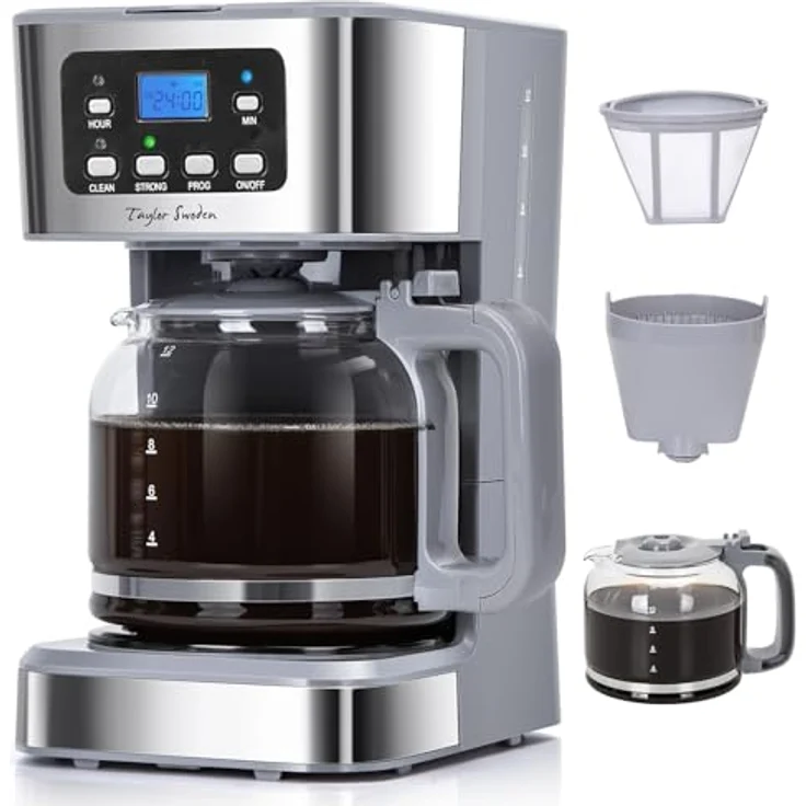 Taylor Swoden 950W Filterkaffeemaschine mit Timer, 1.5L für 12 Tassen, BPA-frei, Grau - Pewter, mit Abschaltautomatik und Tropf-Stopp – Bild 1