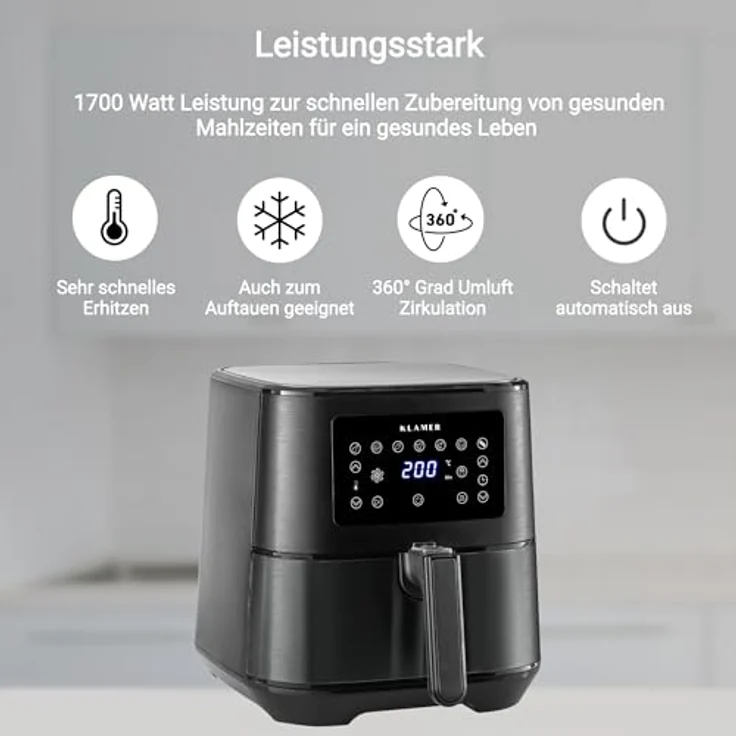 KLAMER Heißluftfritteuse XL 5,5l, Multifunktionale Heissluftfritteuse, ölfreie Fritteuse, 1700W Airfryer, schwarz – Bild 3