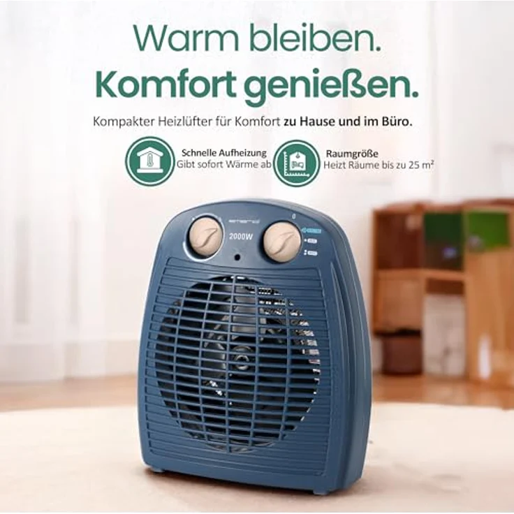 Emerio Heizlüfter FH-106737.12, 2000W Heizgerät für Räume bis 25 m², 2 Heizstufen, Ventilationsfunktion, einstellbarer Thermostat, Sicherheits-Kippschutz, Blau – Bild 2
