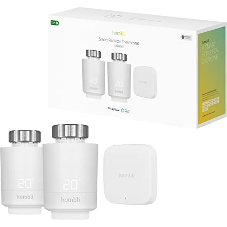 Hombli Smart Radiator Knob Starterpaket, 2 Thermostatventile mit Bluetooth/WiFi Hub, intelligente Heizkontrolle und Verbrauchsmesser