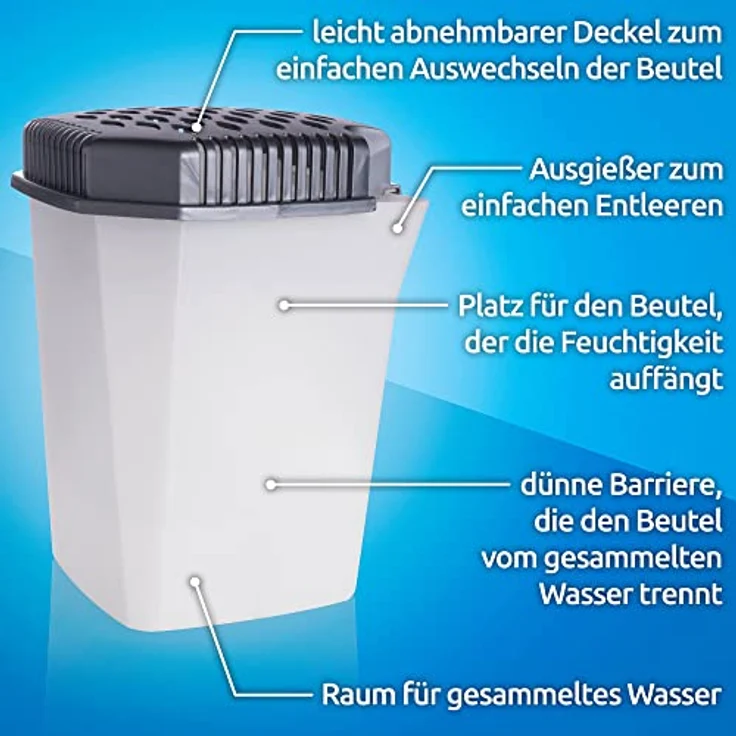Bestlivings Luftentfeuchter mit Ausgießer ohne Strom, 2x 680gr. Granulat, Wiederverwendbar, hält 4 Monate - Raumentfeuchter für Küche Badezimmer – Bild 3