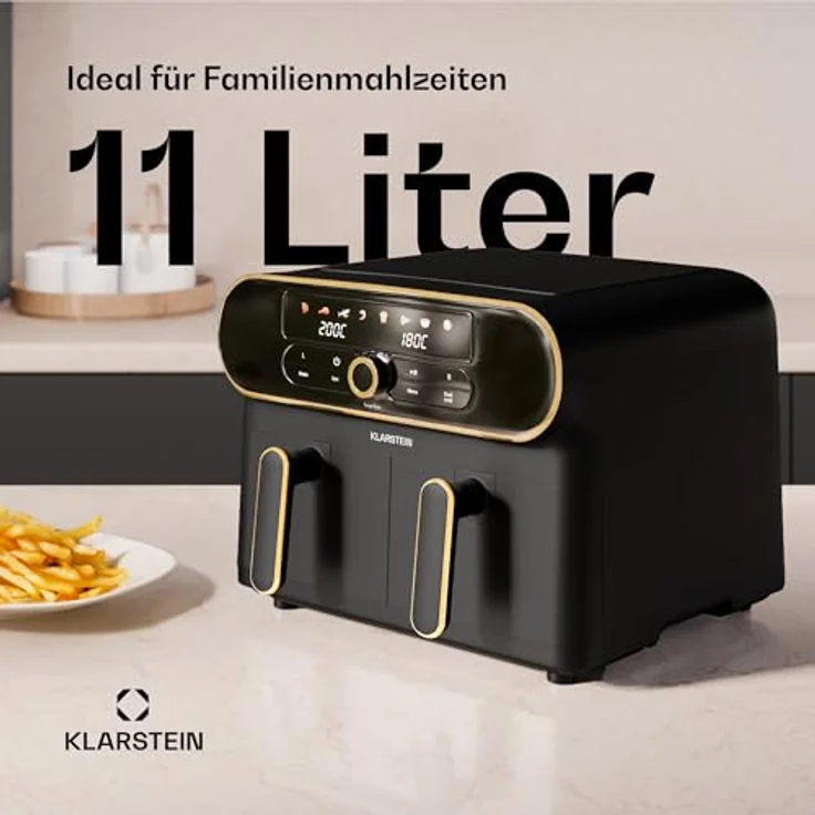 Klarstein AuraAir Color Touch Dual Heißluftfritteuse - 11L Dual-Kammer Airfryer, 1700 W, 8 Programme, Touchscreen, Weniger Fett, Antihaft, Überhitzungsschutz, Automatische Abschaltung, Schwarz/Gold – Bild 2