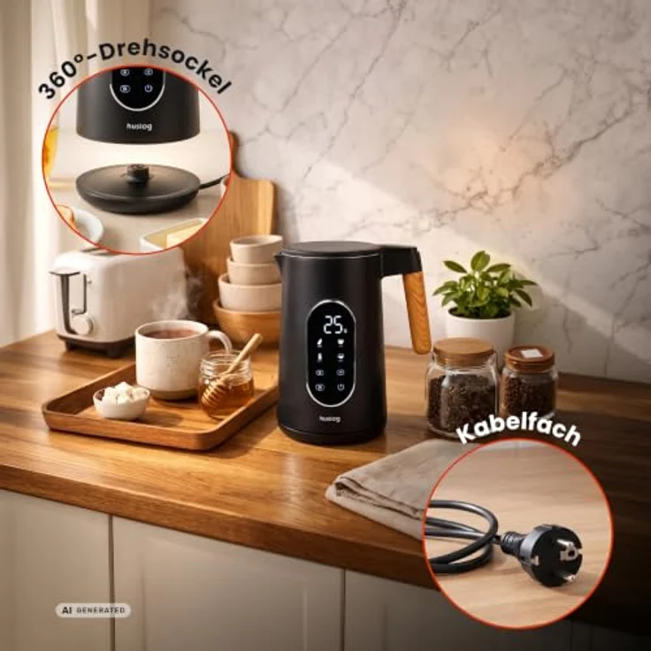 Huslog HUS1049 Wasserkocher, 1,7L mit Touch-Panel und Holzgriff, 2200W, modernen Design – Bild 5