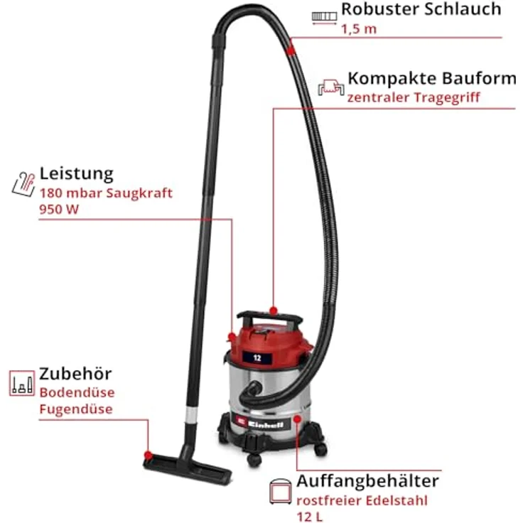 Einhell TC-VC 1240 S, Nass-Trockensauger mit 950 W, 180 mbar Saugleistung, 12 L Edelstahlbehälter, inkl. Fugen- & Kombidüse, Schaumstofffilter, Schmutzfangsack & Filterbeutel – Bild 2